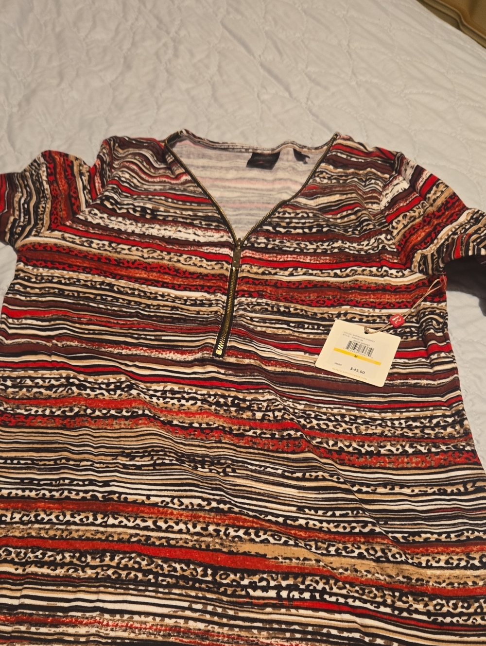 Rafaella Striped Zip-Front Tee in Red, Black & Cream